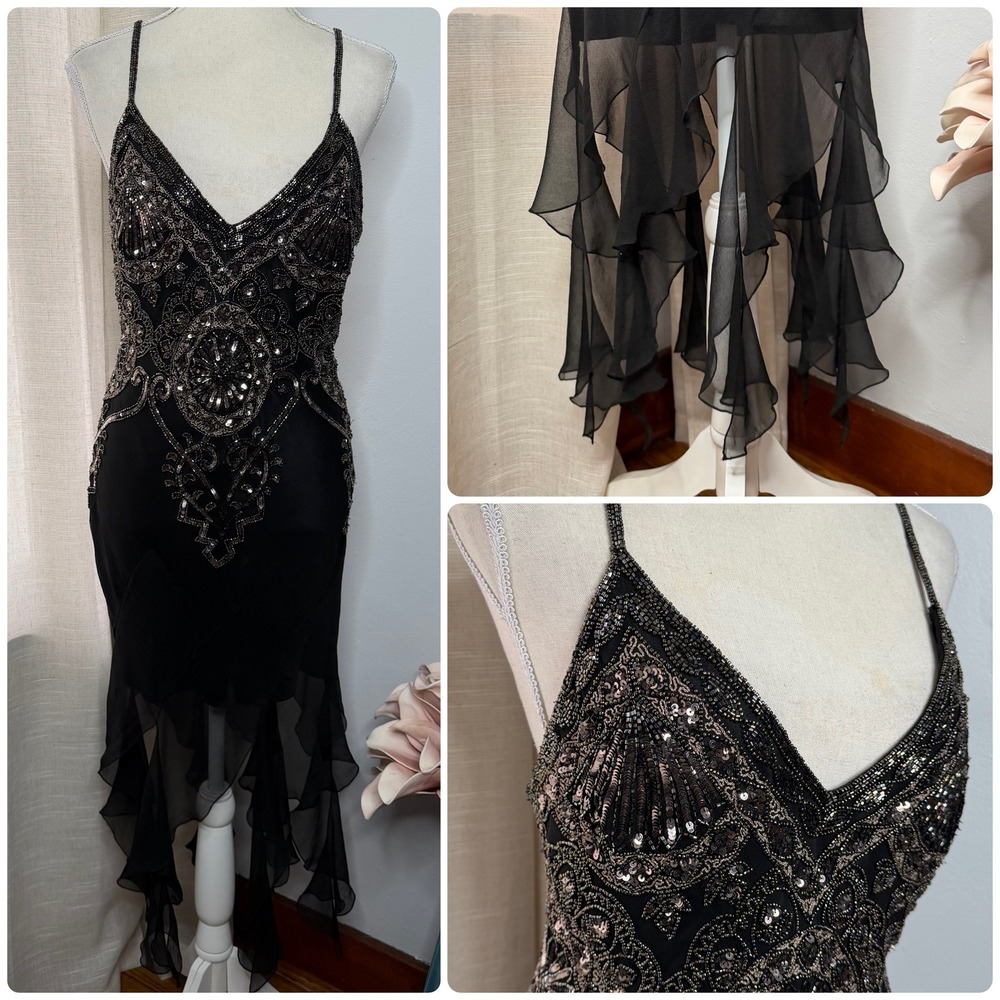 Vintage Cassandra‎ Stone Beaded Sequin 100% Silk Handkerchief Dress Size 8 Black
